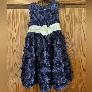 Rare Editions Navy Blue Rosette Dress with Grey Sash